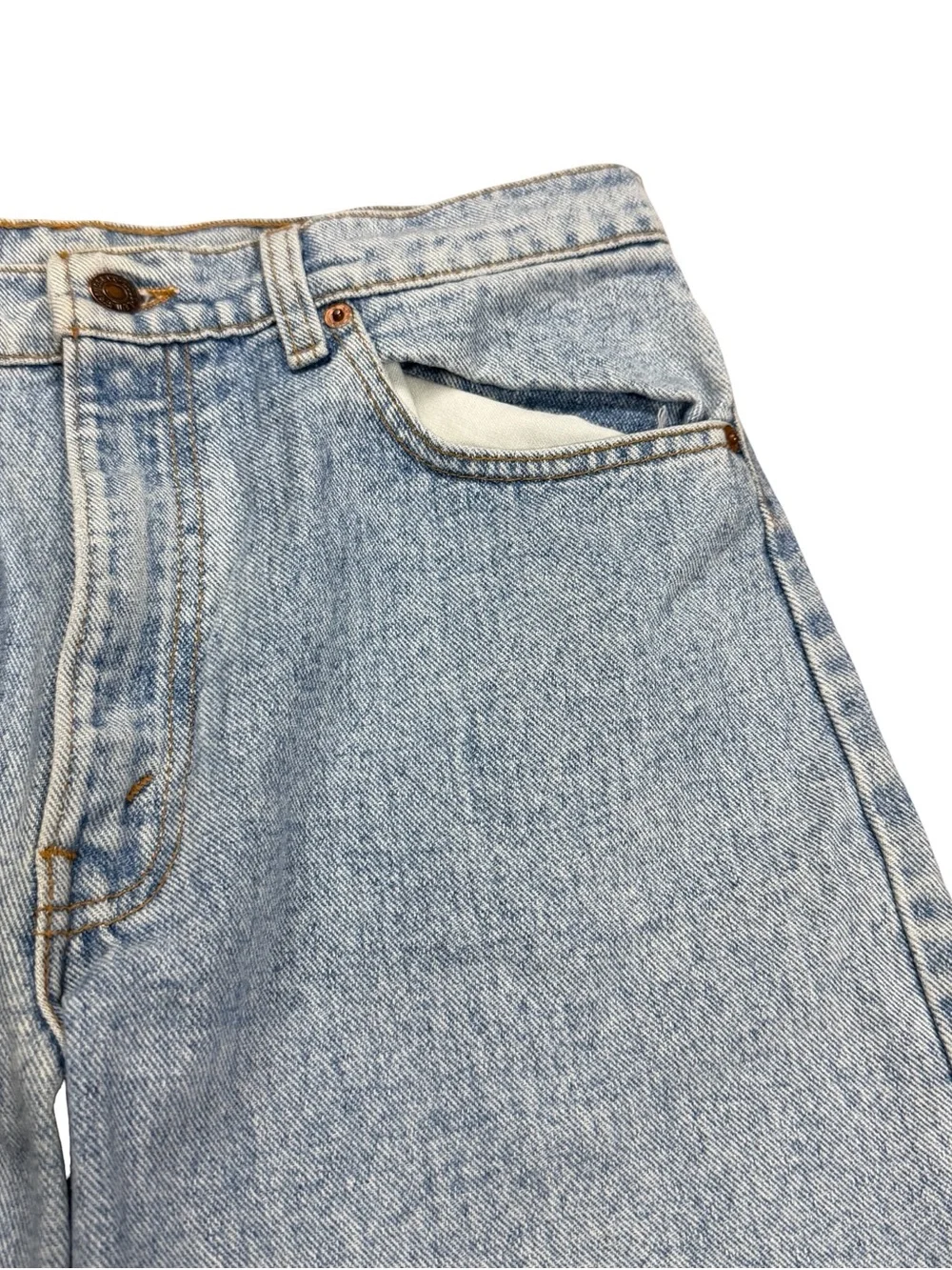 Vintage 90s Levi’s 550 Made In USA Light Wash Elongated Jean Shorts Size 33